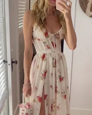 Women’s Midi Dress – Floral Lace – Slim Fit – Spaghetti Straps – Ruffled Hem