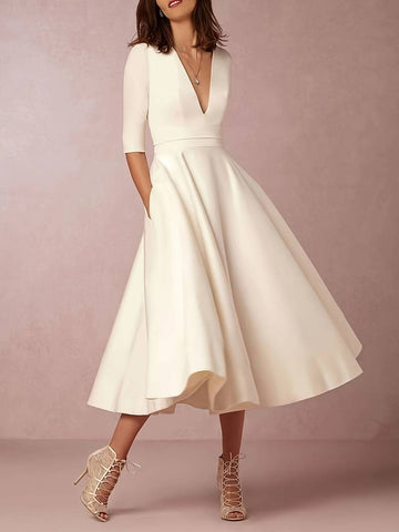 Women's A-Line Midi Dress - V-Neck - 3/4 Sleeve - Fitted Waist - Elegant Swing Style