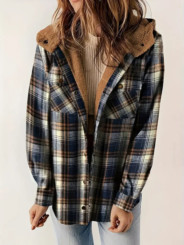 Women’s Shacket - Woven Fabric - Sherpa Lined Collar and Hood - Plaid - Mid-Thigh Length