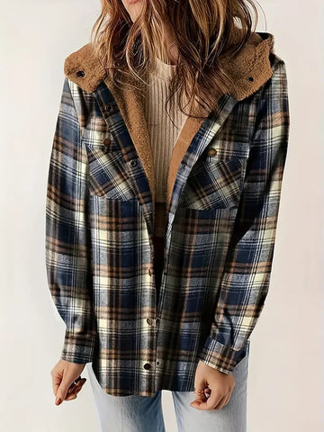 Women’s Shacket - Woven Fabric - Sherpa Lined Collar and Hood - Plaid - Mid-Thigh Length