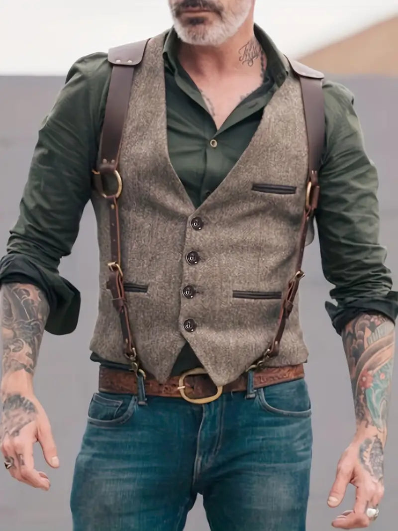 Men’s Reversible Vest – Slim Fit Tweed Wool Blend – V-Neck – Leather Accents