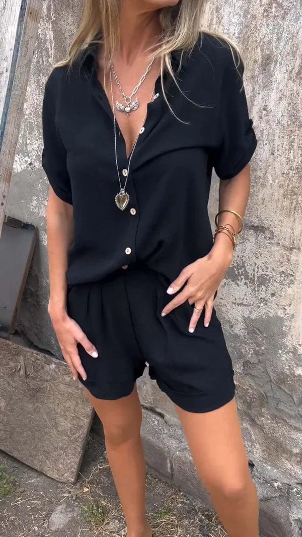 Women's Blouse Set - Cotton Linen Blend - Button-Down Loose Fit - High-Waisted Shorts