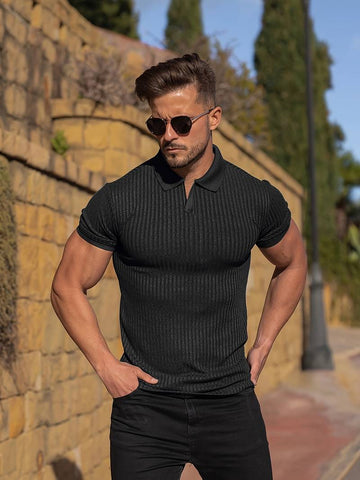 Men’s Polo Shirt – Muscle Fit – Ribbed Soft Knit – Classic Collar Casual Wear