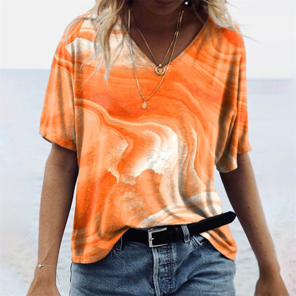 Women's T-Shirt - Boho Style - V-Neck - Loose Fit - Short Sleeve Casual Wear