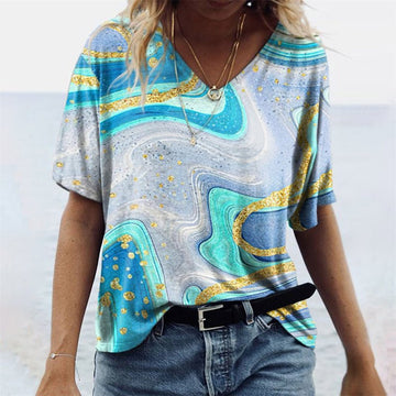 Women's T-Shirt - Boho Style - V-Neck - Loose Fit - Short Sleeve Casual Wear