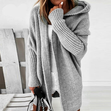 Women’s Knitted Cardigan – Oversized Fit – Hooded Longline – Open Front Wool Blend