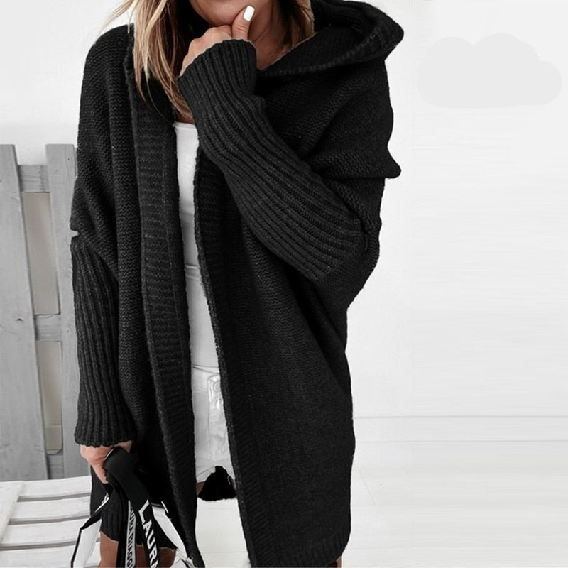Women’s Knitted Cardigan – Oversized Fit – Hooded Longline – Open Front Wool Blend