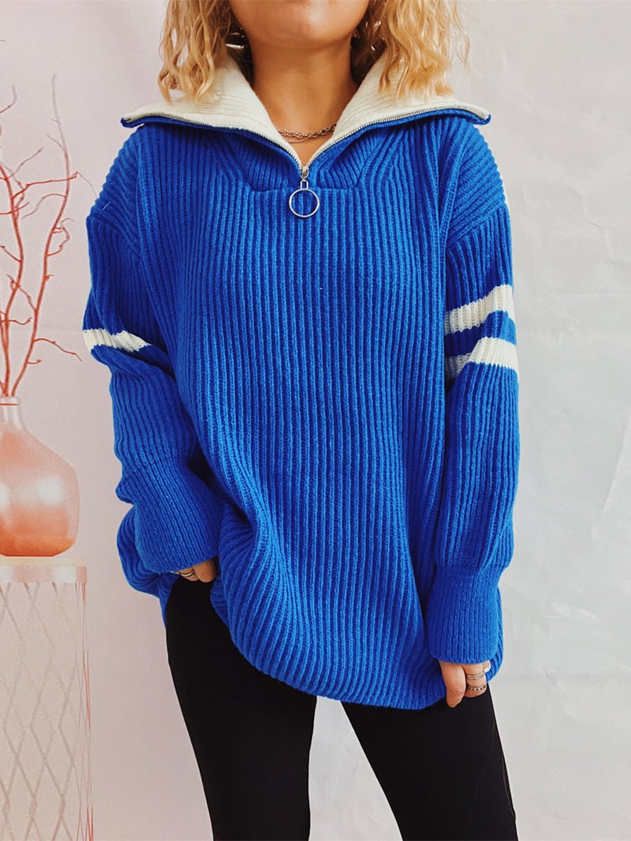 Pull-over half zip ribbed sweater for women