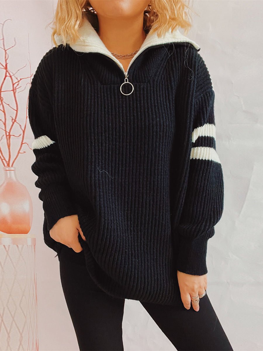 Pull-over half zip ribbed sweater for women