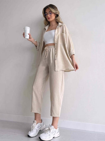 Women's Loungewear Set – Oversized Button-Up Shirt & Wide-Leg Trousers – Relaxed Fit