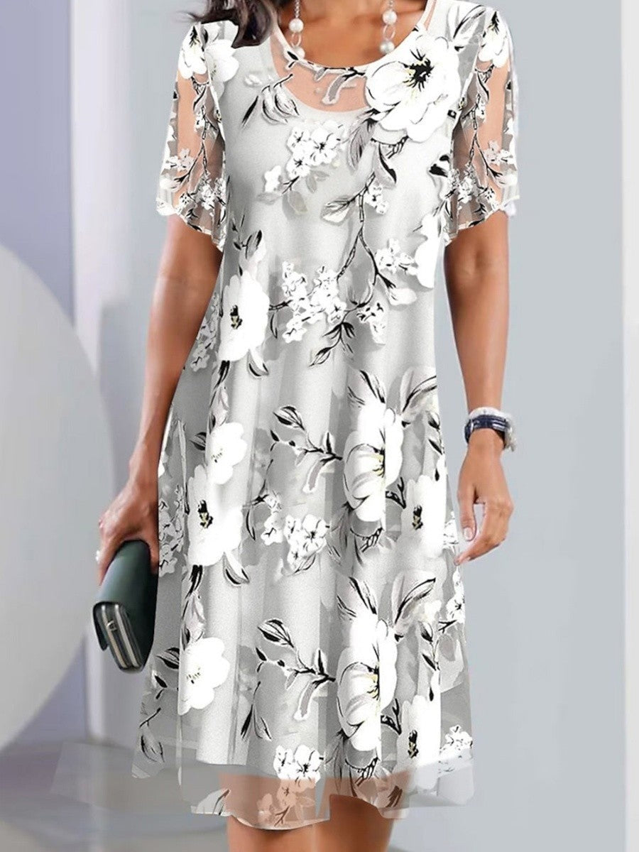 Women’s Midi Dress – Relaxed Fit – Floral Print – Short Sleeve – Sheer Overlay – Breathable Blend