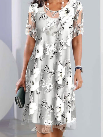 Women’s Midi Dress – Relaxed Fit – Floral Print – Short Sleeve – Sheer Overlay – Breathable Blend