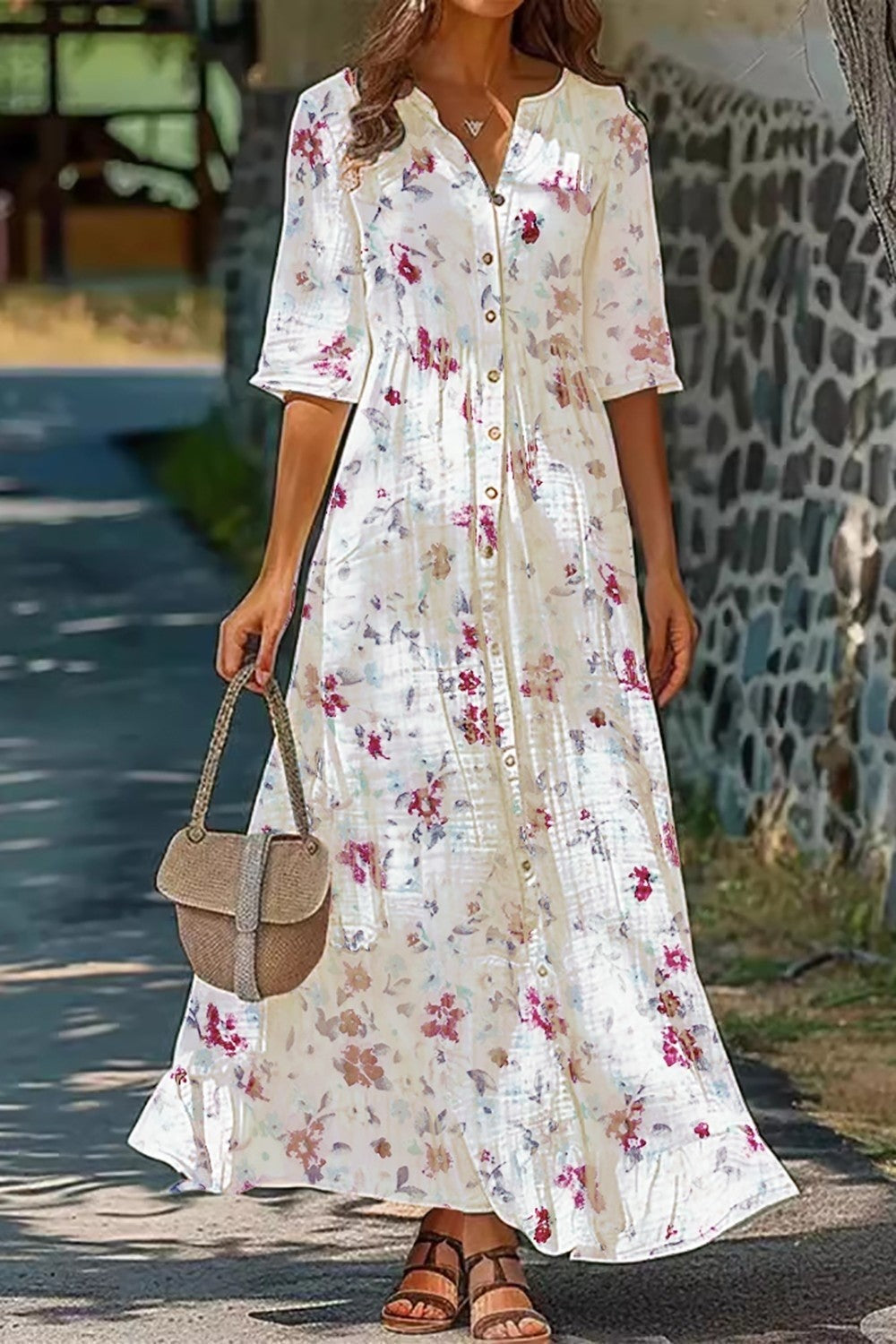 Women’s Maxi Dress – Breathable Blend – Loose Fit – Half Sleeve – Button-Down – Floral Print