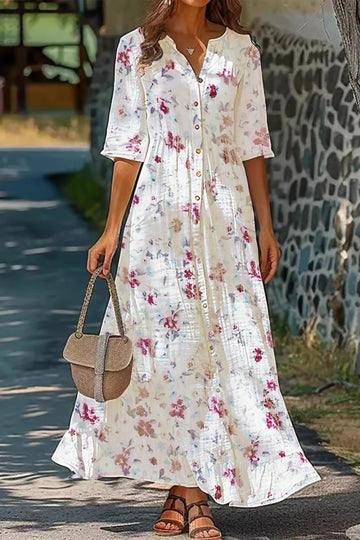 Women’s Maxi Dress – Breathable Blend – Loose Fit – Half Sleeve – Button-Down – Floral Print