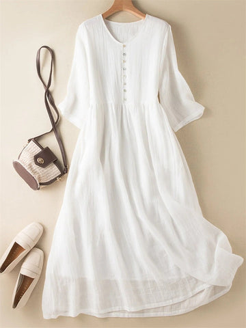 Women’s Midi Dress – V-Neck Button-Down – Short Sleeve – Relaxed Fit – Natural Fibers
