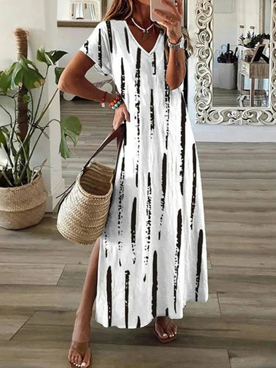 Women’s Maxi Dress – Relaxed Fit – V-Neck – Short Sleeve – Breathable Blend – Striped
