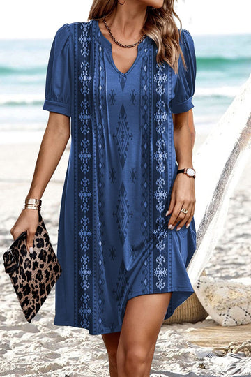 Women’s Mini Dress – Relaxed Fit – V-Neck – Puff Sleeve – Geometric Print – Breathable Blend