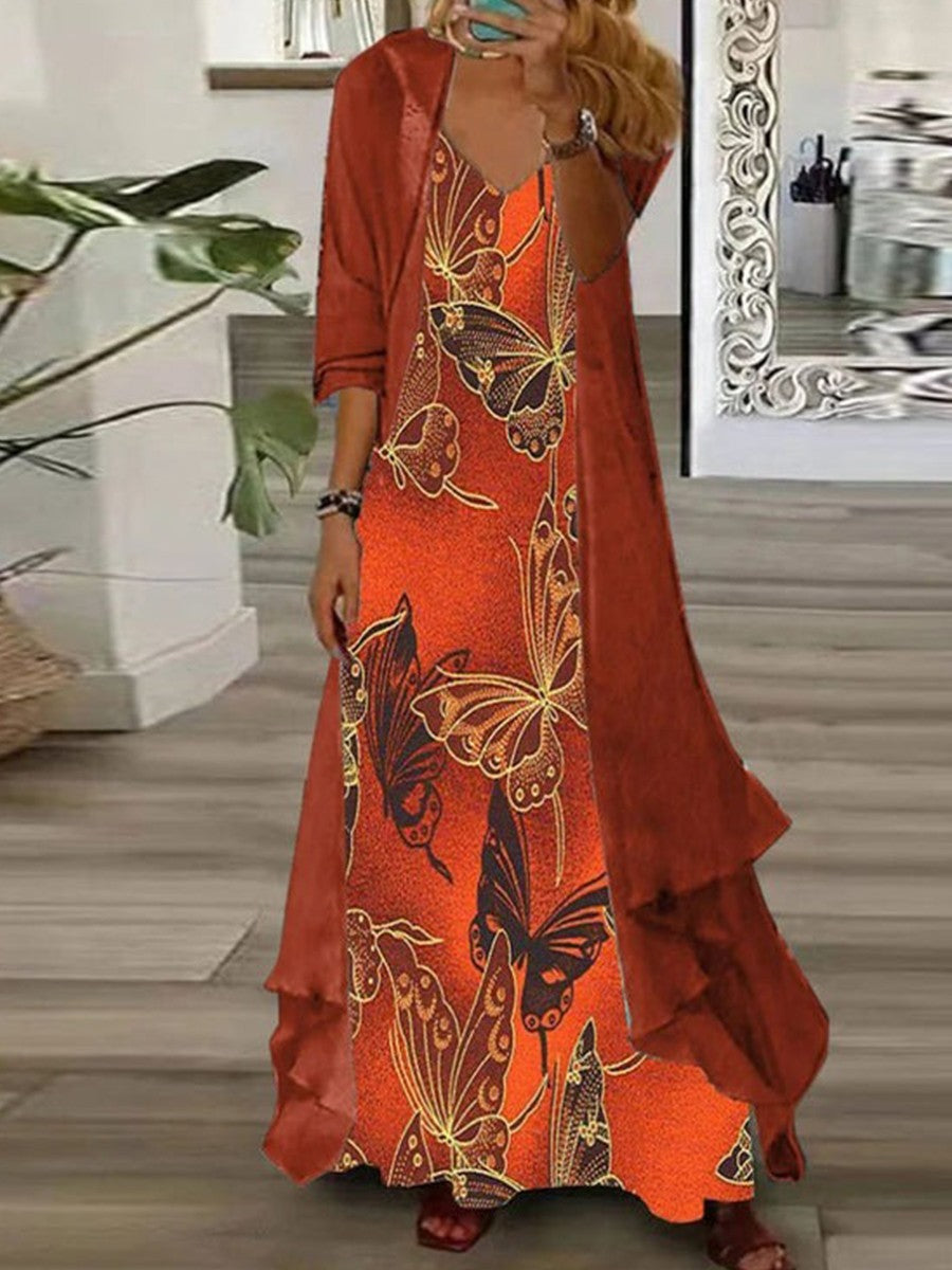 Women’s Two-Piece Maxi Dress – Relaxed Fit – Butterfly Print – Flowing Overlay Layers