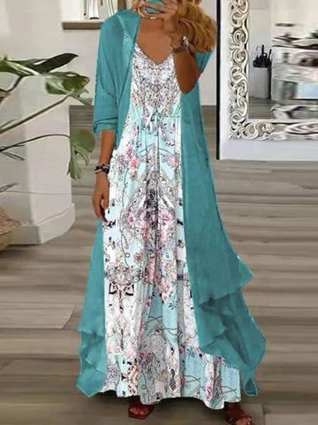 Women’s Two-Piece Maxi Dress – Relaxed Fit – Floral Print – V-Neck – Breathable Blend