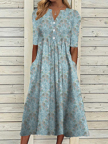 Women’s Midi Dress – V-Neck A-Line – Floral Print – Half Sleeve – Breathable Blend
