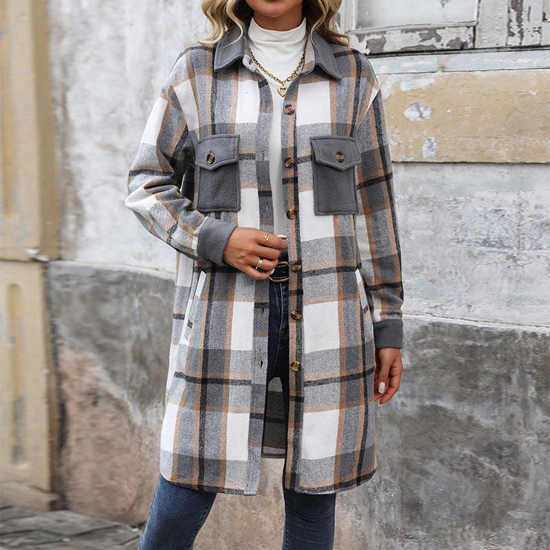 Brushed plaid with pockets long coat for women