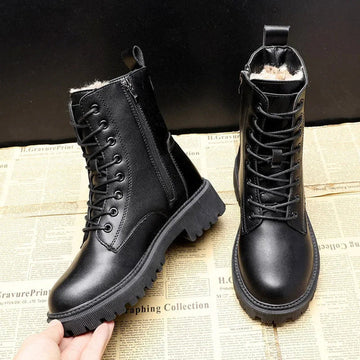 Women’s High-Top Boots – Faux Leather – Faux Fur Lined – Lace-Up – Side Zip – Grip Sole