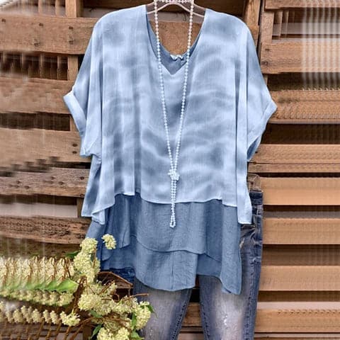 Women’s Blouse – Loose Fit – Layered Design – Short Sleeve – V-Neck – Breathable Blend