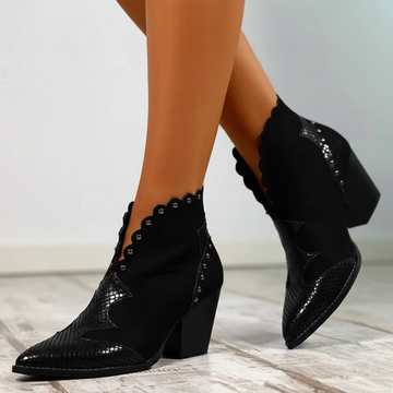 Suede Western Ankle Boots with Snakeskin Accent | Studded Scalloped Trim | Low Block Heel