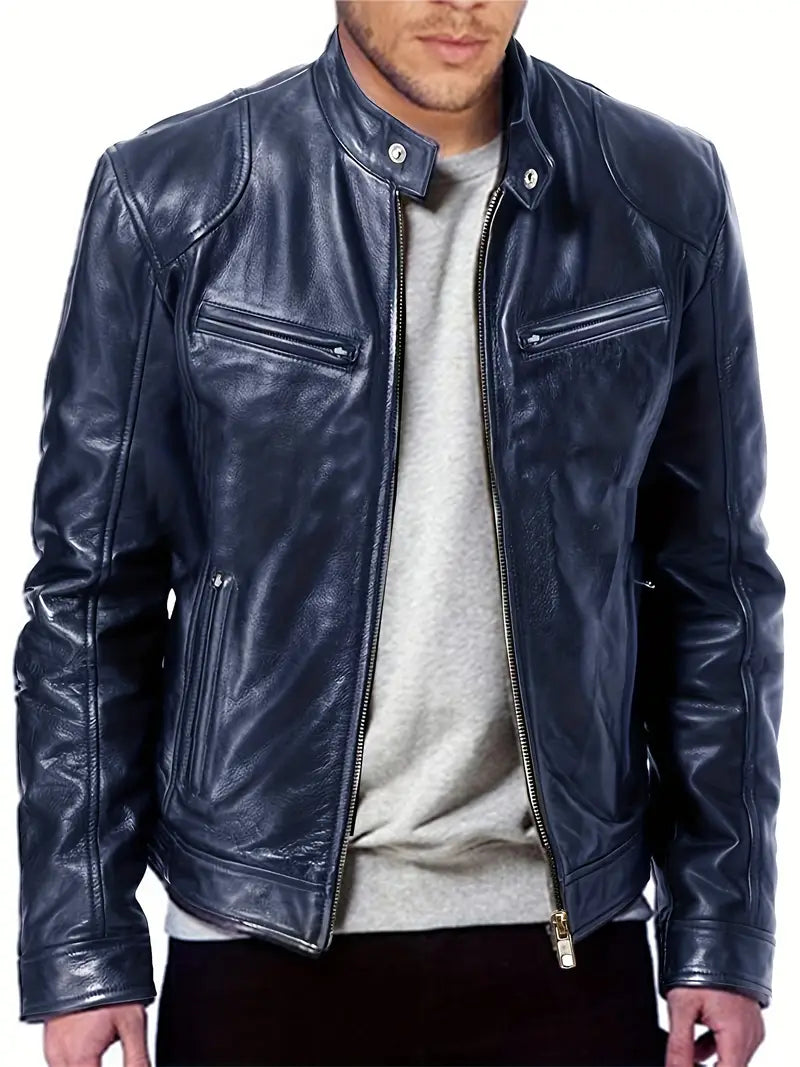 Men's Leather Jacket - Fitted Design - Stand Collar - Zip Closure - Stylish & Durable