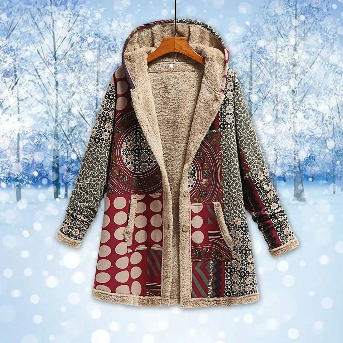 Women’s Fleece Jacket – Relaxed Fit – Hooded Patchwork – Longline Buttoned Casual Wear