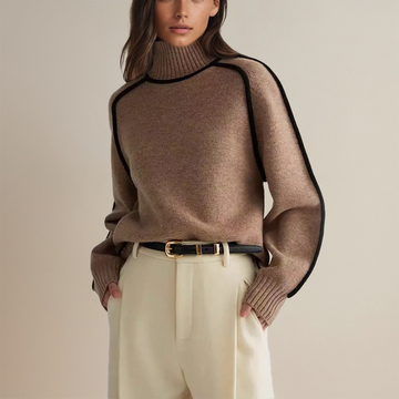 Women’s Turtleneck Knitted Sweater – Relaxed Fit – Wool Blend – Ribbed Details