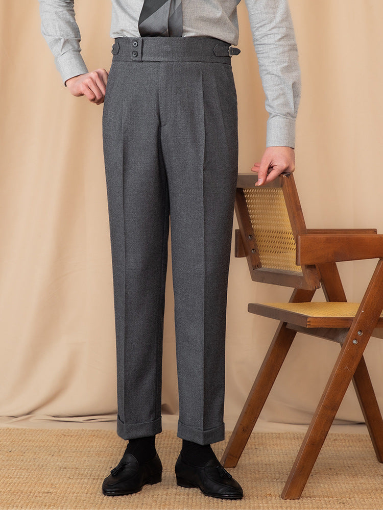 Men’s Tailored Trousers – Wool Blend – High-Rise Waist – Pleated Front