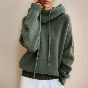 Women’s Knit Sweater – High Neck Drawstring – Oversized Fit – Soft Wool Blend