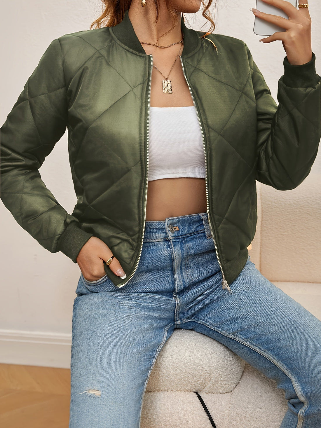 Women’s Bomber Jacket – Quilted Argyle – Cropped Fit – Ribbed Trim – Zip Front