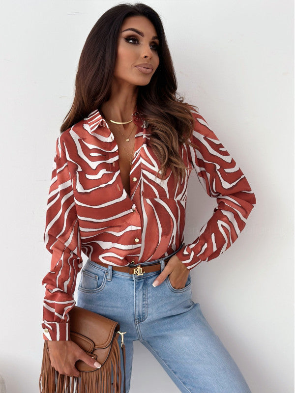 Women's Blouse - Satin Fabric - Printed Pattern - Button-Up Classic Collar - Elegant Fit