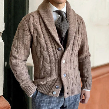 Men’s Knit Cardigan – Wool Blend – Regular Fit – Cable Knit – Shawl Collar – Button Down