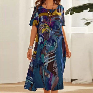 Women’s Midi Dress – Relaxed Fit – Abstract Print – Short Sleeve – Natural Fibers