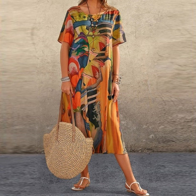 Women’s Midi Dress – Relaxed Fit – Abstract Print – Short Sleeve – Natural Fibers