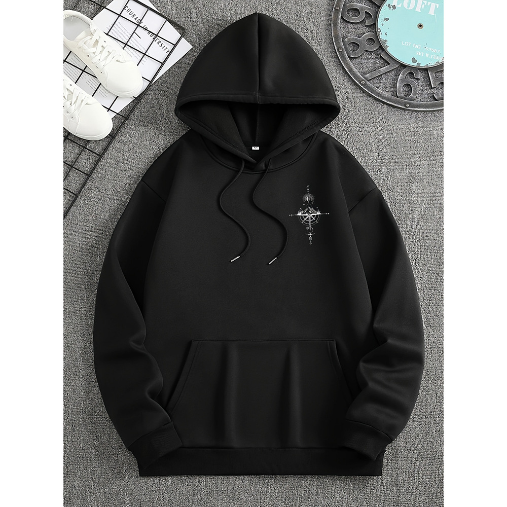 Men’s Hoodie – Regular Fit – Cotton – Compass Print – Drawstring Hood – Casual Wear