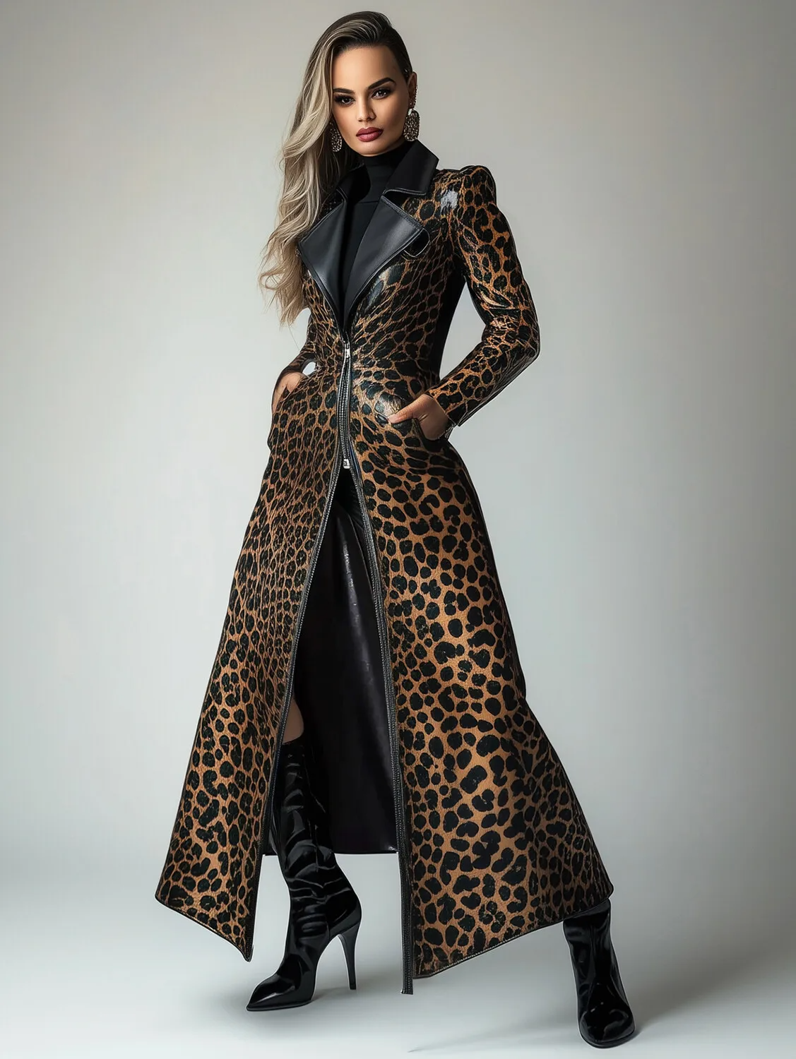 Women’s Trench Coat – Tailored Fit – Glossy Leather Look – Leopard Print – Full Length