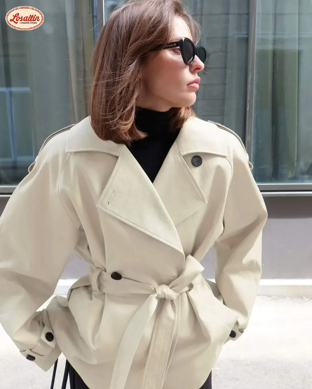 Women’s Cropped Trench Coat – Cotton Blend – Relaxed Fit – Belted Waist – Single Breasted