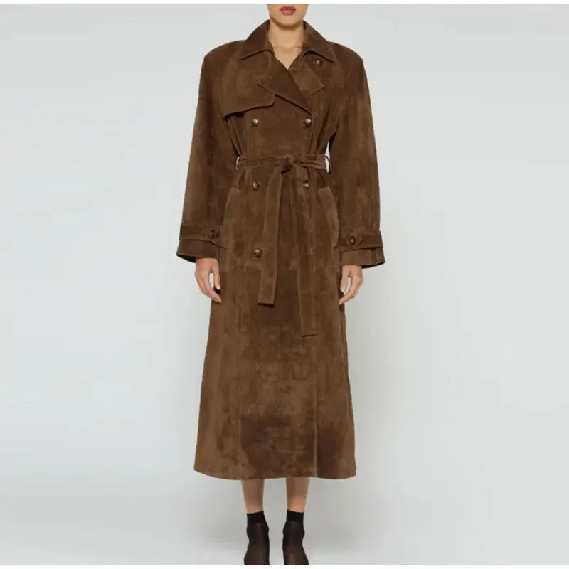 Women’s Trench Coat – Suede Feel – Double-Breasted – Belted Waist – Full Length