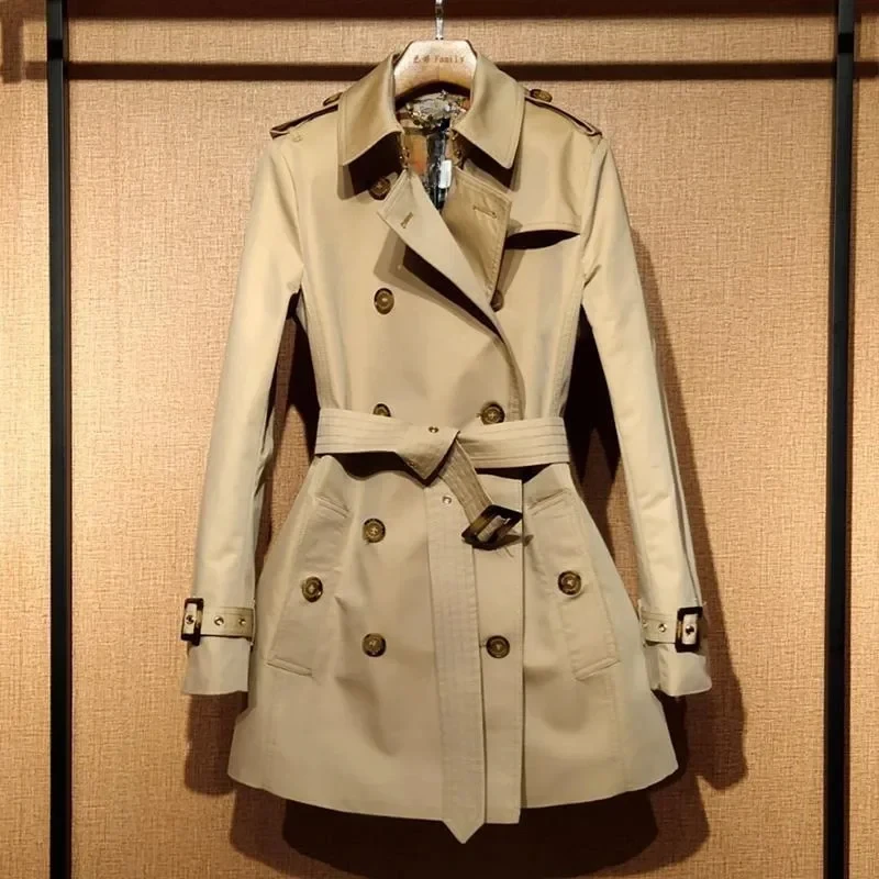 Women’s Trench Coat – Slim Fit – Belted Waist – Double-Breasted – Short Length