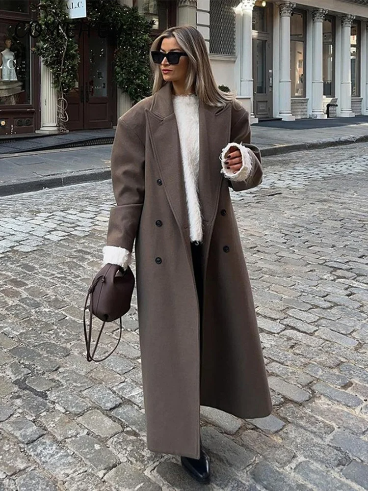 Women’s Long Overcoat – Wool – Loose Fit – Double-Breasted – Structured Shoulder