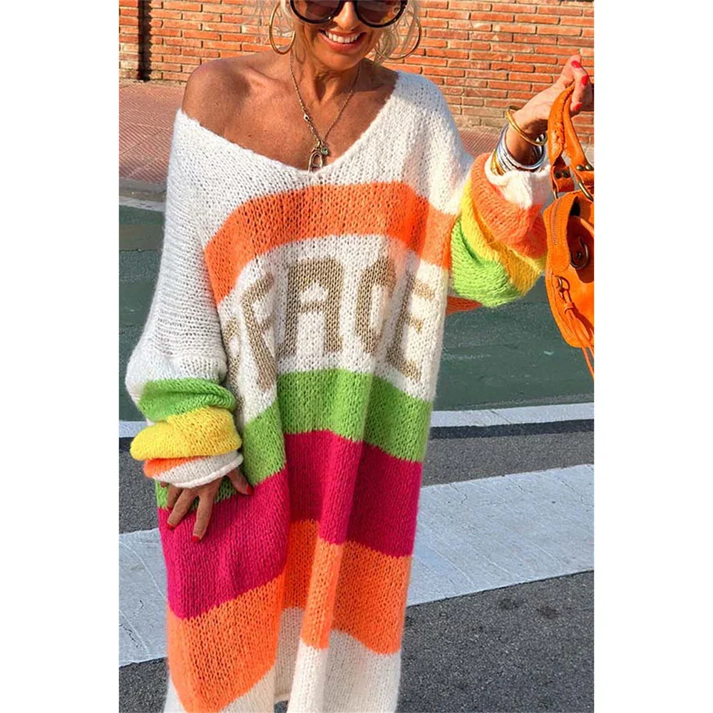 Women’s Oversized Sweater – Wool Knit – Chunky Stripe – Deep V-Neck Long Length