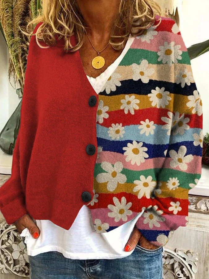 Women’s Cardigan – Relaxed Fit Knit – Patchwork Floral Design – Button Front