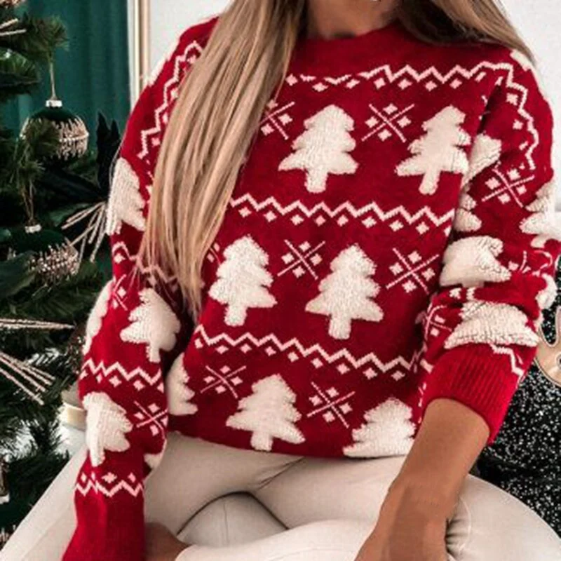 Women’s Sweater – Relaxed Fit – Wool Blend Knit – Ribbed Hem & Cuffs – Festive Pattern