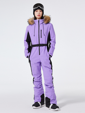 Women’s One-Piece Ski Suit – Slim Fit – Waterproof Windproof – Belted Faux Fur Hood