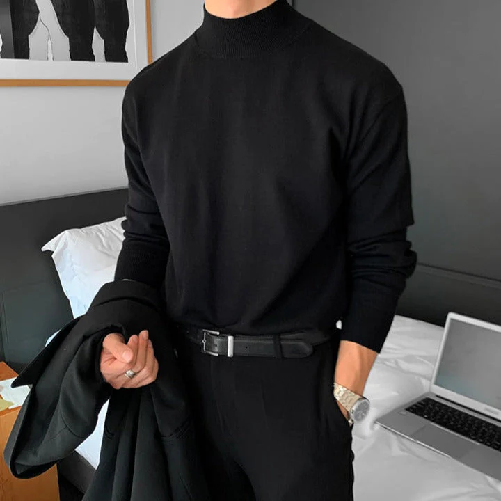 Men’s Knitted Top – Slim Fit – Mock Neck – Long Sleeve Lightweight Minimalist