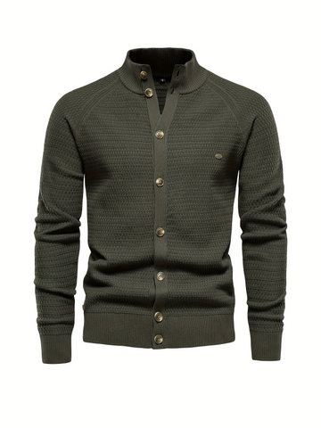 Men’s Sweatshirt – Slim Fit – Textured Knit – Button Front – Raglan Sleeves – High Collar